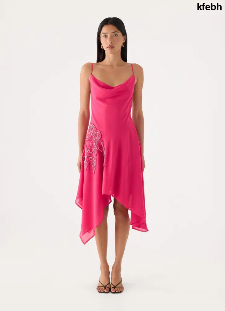 Pirama Beaded Midi Dress - Fuchsia - Midi Dresses